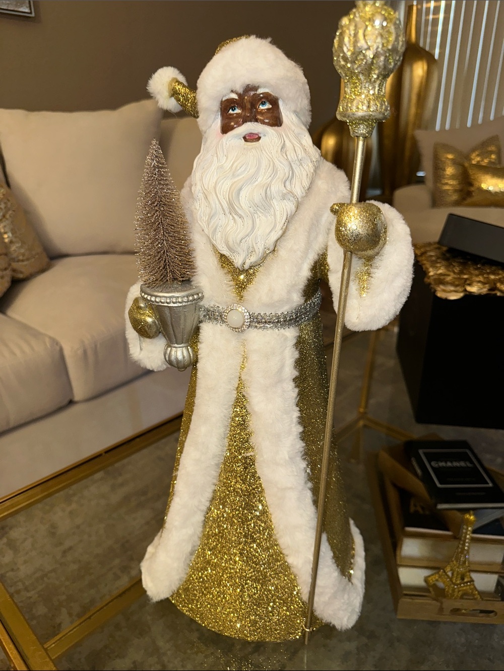 GOLD and White African American Santa Holiday Figurine - Elegant Christmas